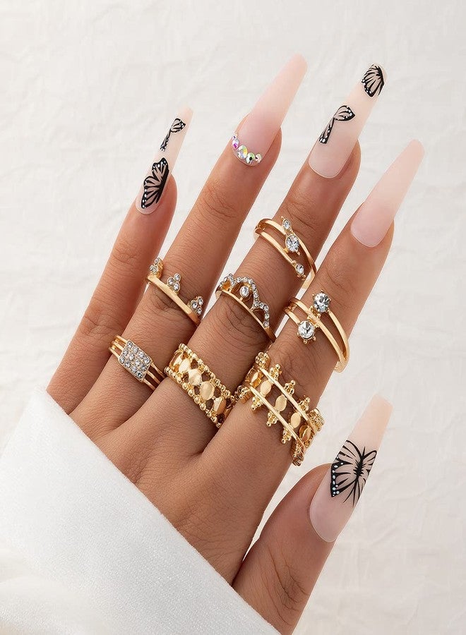 Chargances 7pcs Gold Bohemian Rhinestone Finger Rings for Women Vintage Crystal Crown Shape Knuckle Rings Set Fashion Mid Rings for Party Festival (Style 3) - Image 2