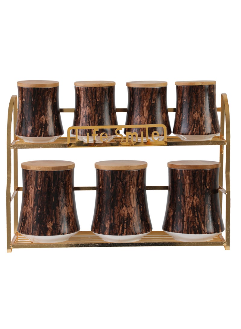 Life Smile طقم حاويات بورسلين مع حامل معدني ذهبي وغطاء خشبي من الخيزران، مجموعة من 7 حاويات محكمة الإغلاق وجرار توابل لتخزين المطبخ - جرار شاي وسكر وقهوة مع حامل - Image 1