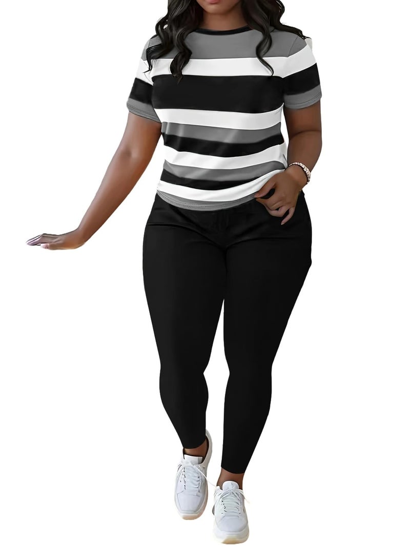 HBQ Women Two Piece Outfits Short Sleeve Stripe Tops and Bodycon Pants Tracksuits Biker Workout Jogger Sets L - Image 1
