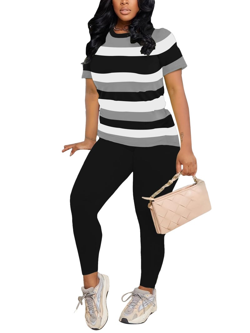 HBQ Women Two Piece Outfits Short Sleeve Stripe Tops and Bodycon Pants Tracksuits Biker Workout Jogger Sets L - Image 3