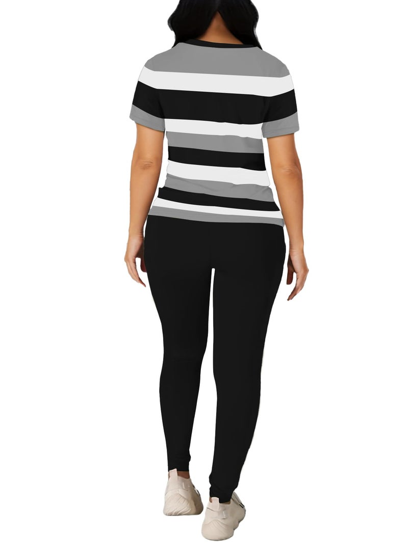 HBQ Women Two Piece Outfits Short Sleeve Stripe Tops and Bodycon Pants Tracksuits Biker Workout Jogger Sets L - Image 4