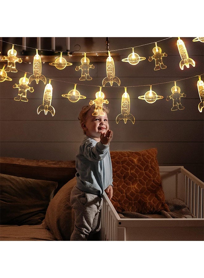 أضواء سلسلة LED لغرفة الأطفال 20 قطعة على شكل رائد فضاء وسفينة فضائية وصاروخ، أضواء للحفلات والمناسبات، للحوائط والنوافذ وديكور غرف الأطفال أو الحضانة، للزفاف وحول الحديقة والفناء وعيد الميلاد (أبيض دافئ) - Image 1