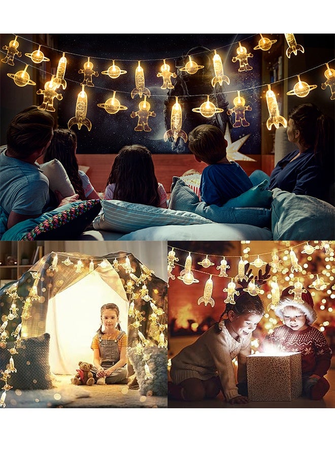 أضواء سلسلة LED لغرفة الأطفال 20 قطعة على شكل رائد فضاء وسفينة فضائية وصاروخ، أضواء للحفلات والمناسبات، للحوائط والنوافذ وديكور غرف الأطفال أو الحضانة، للزفاف وحول الحديقة والفناء وعيد الميلاد (أبيض دافئ) - Image 3