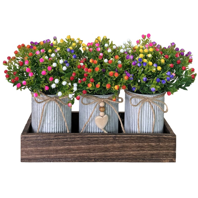 HEMYLU Table Centerpiece Decoration Artificial Flower Set with 3 Fake Milan Bouquet and Wood Tray for Desk Home Bathroom Office DÃ©cor - Image 1