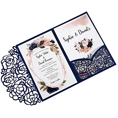DreamBuilt 4.7 x7 inch 50PCS Blank Navy Blue Wedding Invitations Kit Laser Cut Hollow Rose Pocket Wedding Invitation Cards with Envelopes for Wedding Bridal Shower Engagement Invite - Image 1