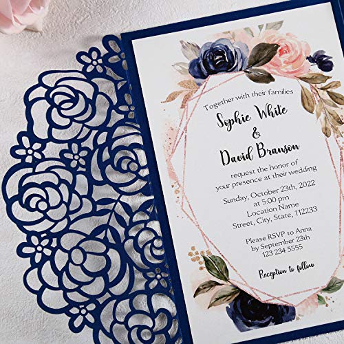 DreamBuilt 4.7 x7 inch 50PCS Blank Navy Blue Wedding Invitations Kit Laser Cut Hollow Rose Pocket Wedding Invitation Cards with Envelopes for Wedding Bridal Shower Engagement Invite - Image 5