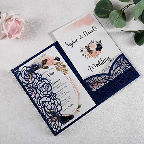 DreamBuilt 4.7 x7 inch 50PCS Blank Navy Blue Wedding Invitations Kit Laser Cut Hollow Rose Pocket Wedding Invitation Cards with Envelopes for Wedding Bridal Shower Engagement Invite - Image 4