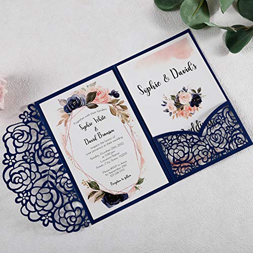 DreamBuilt 4.7 x7 inch 50PCS Blank Navy Blue Wedding Invitations Kit Laser Cut Hollow Rose Pocket Wedding Invitation Cards with Envelopes for Wedding Bridal Shower Engagement Invite - Image 3
