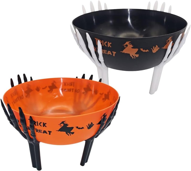 Colodeol 2 Pcs Halloween Candy Bowl with Holder Plastic Trick or Treat Bowls Large halloween Party Plastic Serving Bowl Tableware Candy Holders Party Supplies(Black Orange) - Image 1