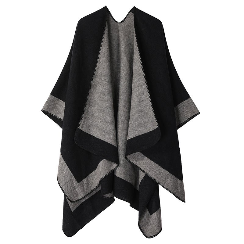 Warm Shawl Wrap Double-Faced Ethnic Style Black gray striped frame 