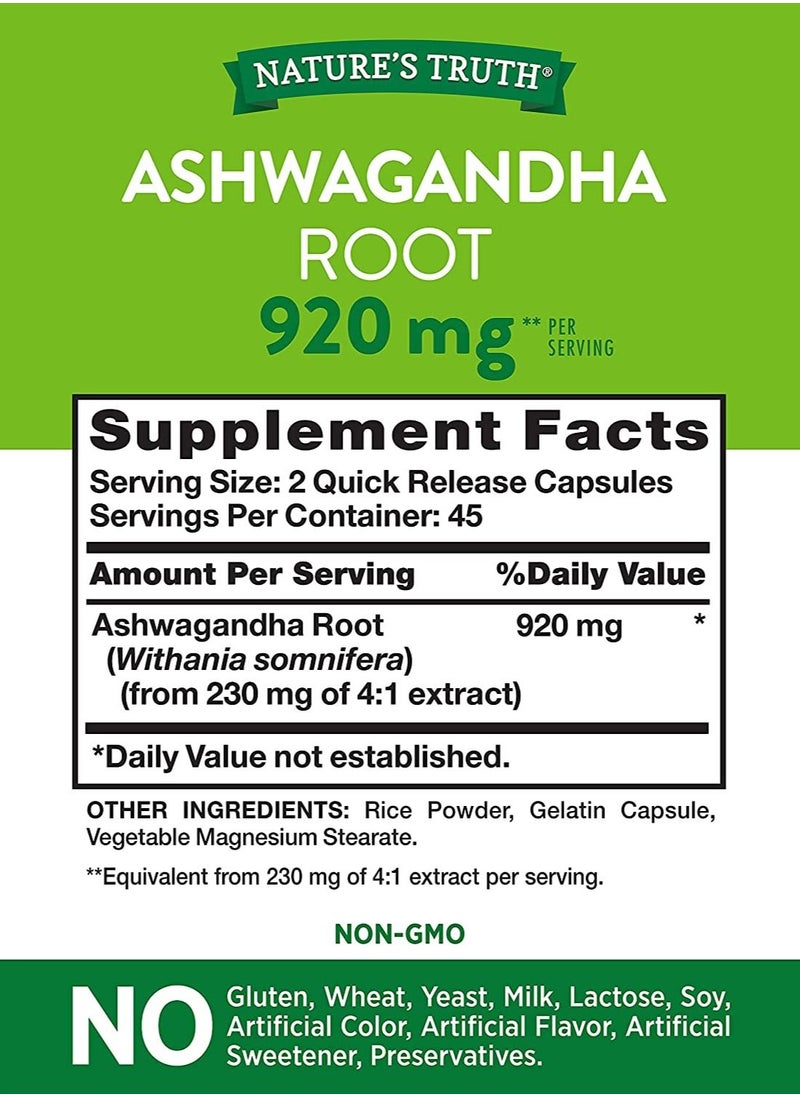 Nature's Truth - Ashwagandha Capsules GMO & Gluten Free Supplement, 920 mg, 90 Count - Image 1