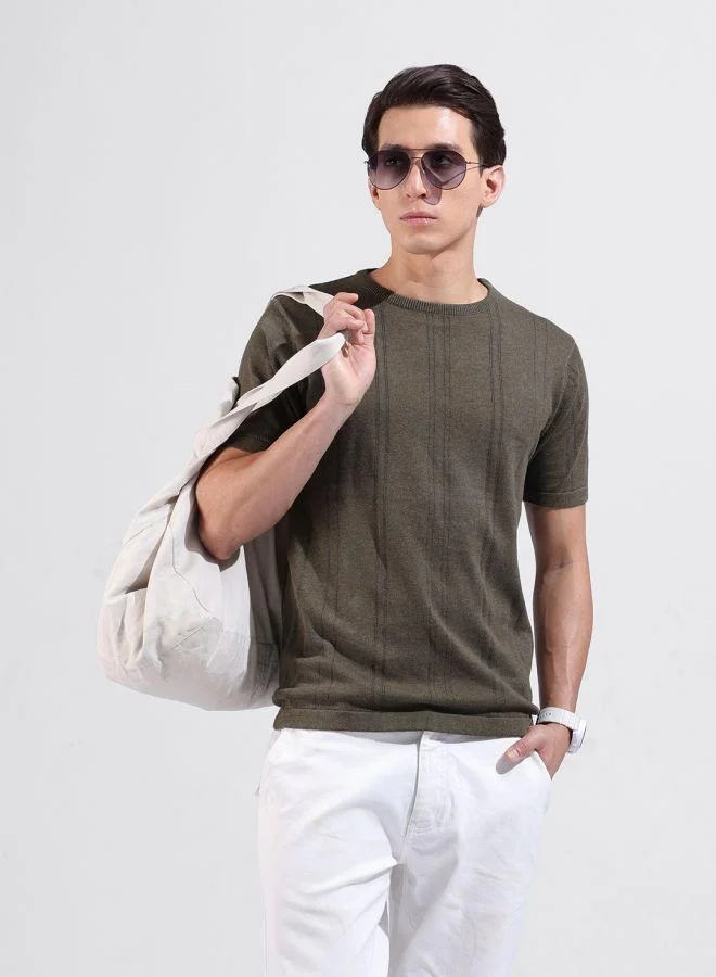 The Indian Garage Co Men Slim Fit Textured Crew Neck Half Sleeves T-Shirt