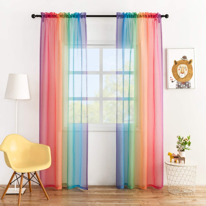 Anjee Rainbow Sheer Curtains 84 inches Long Ombre Colorful Faux Linen Texture 2 Panels Rod Pocket Semi Sheer Gauze Voile Drapes for Kids Bedroom Playrooms Nursery Patio 52 x 84 Inches