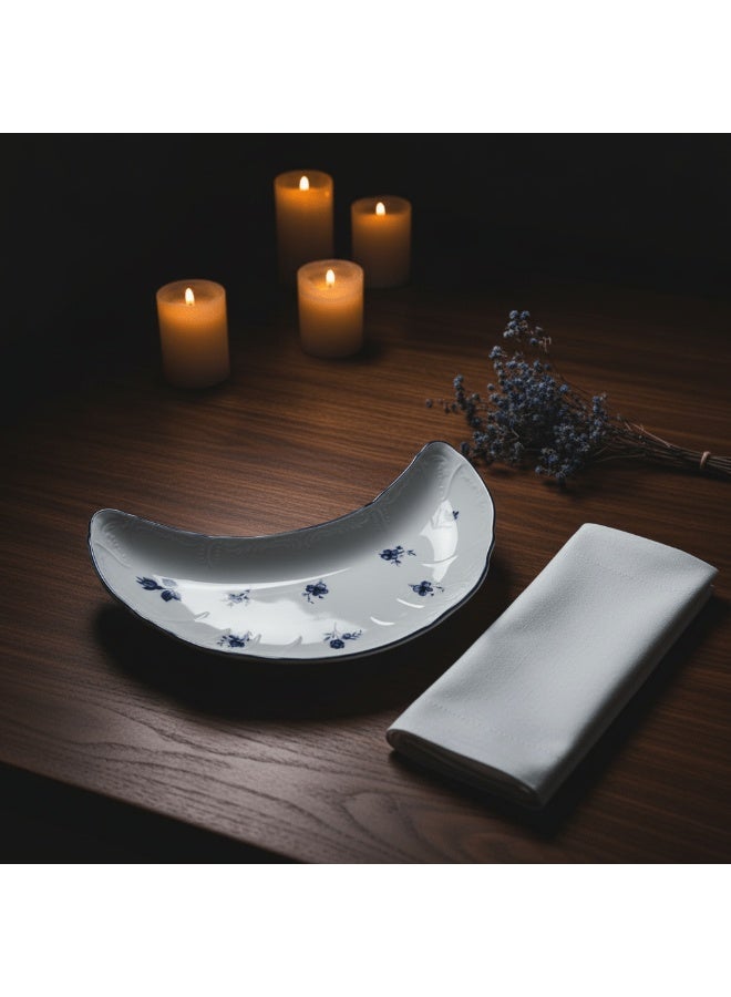 AKDC Luhpar White Ceramic Moon Shaped Plate with Blue Floral Design for Unique Presentation 20 × 10 cm - Image 2