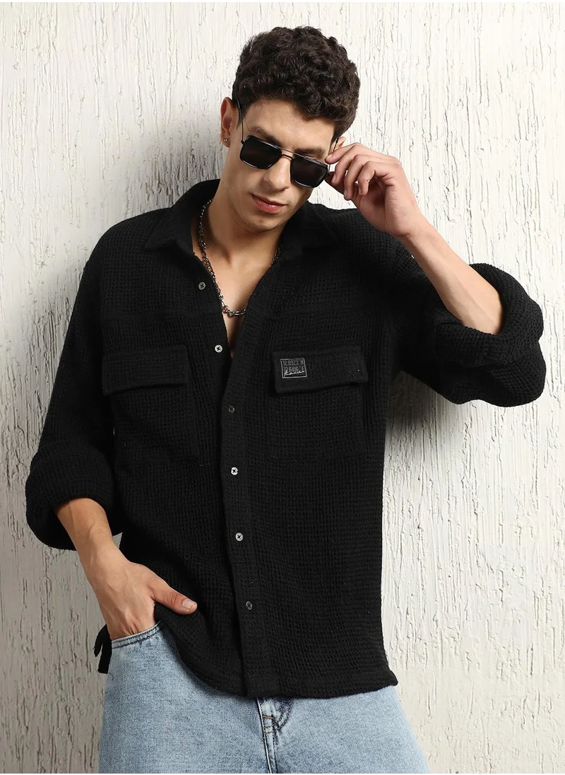 هوبرهولمي Oversized Black Waffle Shirt for Men with Double Pockets