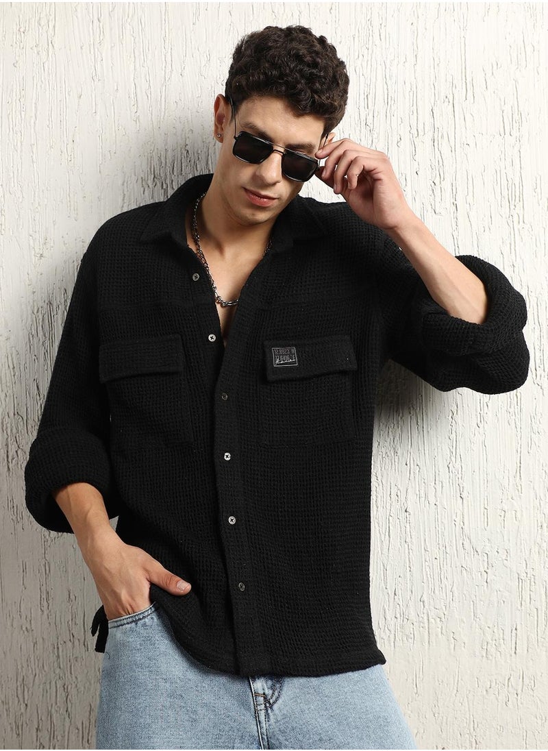 Hubberholme - Oversized Black Waffle Shirt for Men with Double Pockets - Image 1