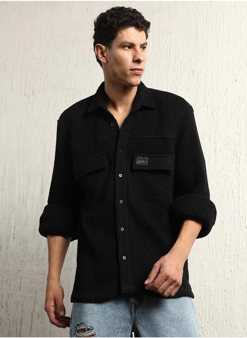 هوبرهولمي Oversized Black Waffle Shirt for Men with Double Pockets