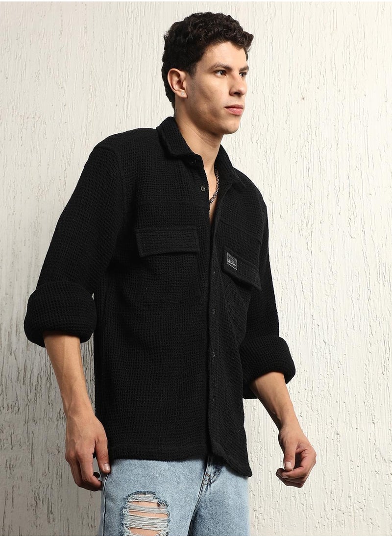 Hubberholme - Oversized Black Waffle Shirt for Men with Double Pockets - Image 1