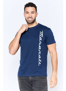 Maserati Men Crew Neck Short Sleeve Brand Logo T-Shirt, Navy  - Image 1