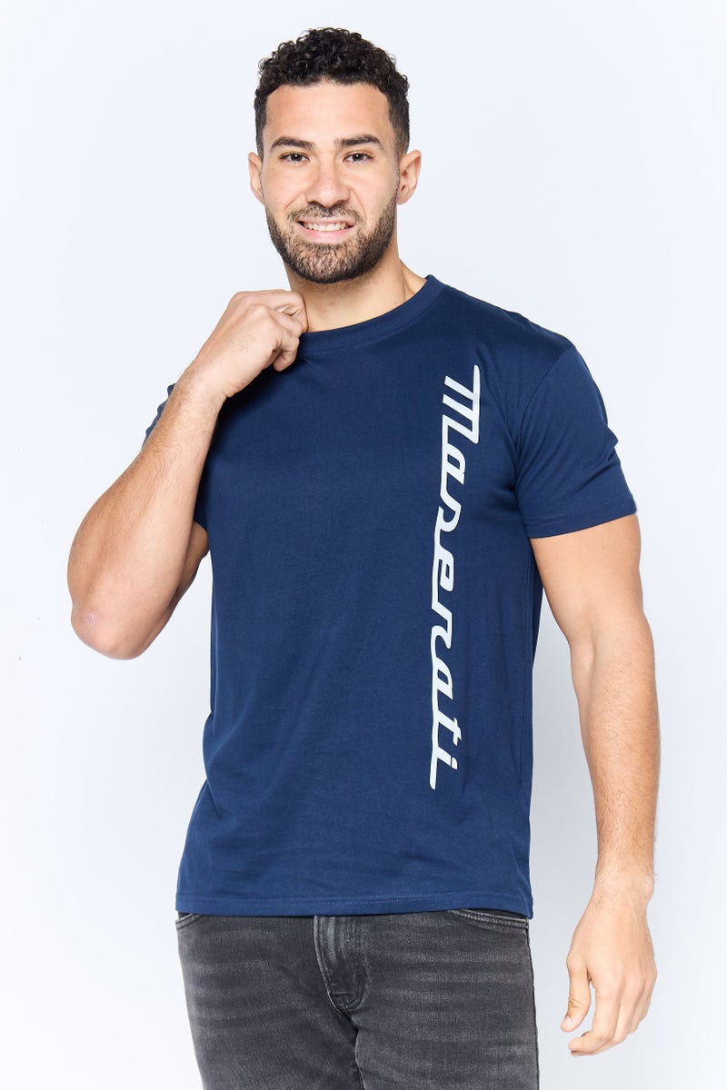 Maserati Men Crew Neck Short Sleeve Brand Logo T-Shirt, Navy - Image 1