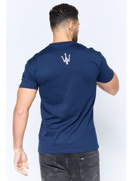 Maserati Men Crew Neck Short Sleeve Brand Logo T-Shirt, Navy  - Image 4