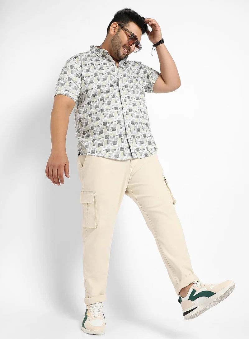 Instafab Plus Instafab Plus Men's Beige & Grey Abstract Geometric Shirt For Casual Wear | Spread Collar | Short Sleeve | Button Closure | Cotton Shirt Crafted With Comfort Fit For Everyday Wear