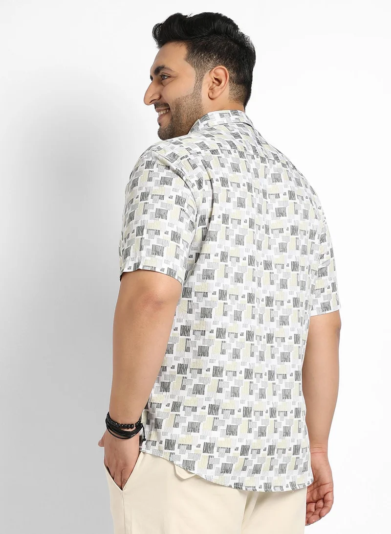 Instafab Plus Instafab Plus Men's Beige & Grey Abstract Geometric Shirt For Casual Wear | Spread Collar | Short Sleeve | Button Closure | Cotton Shirt Crafted With Comfort Fit For Everyday Wear