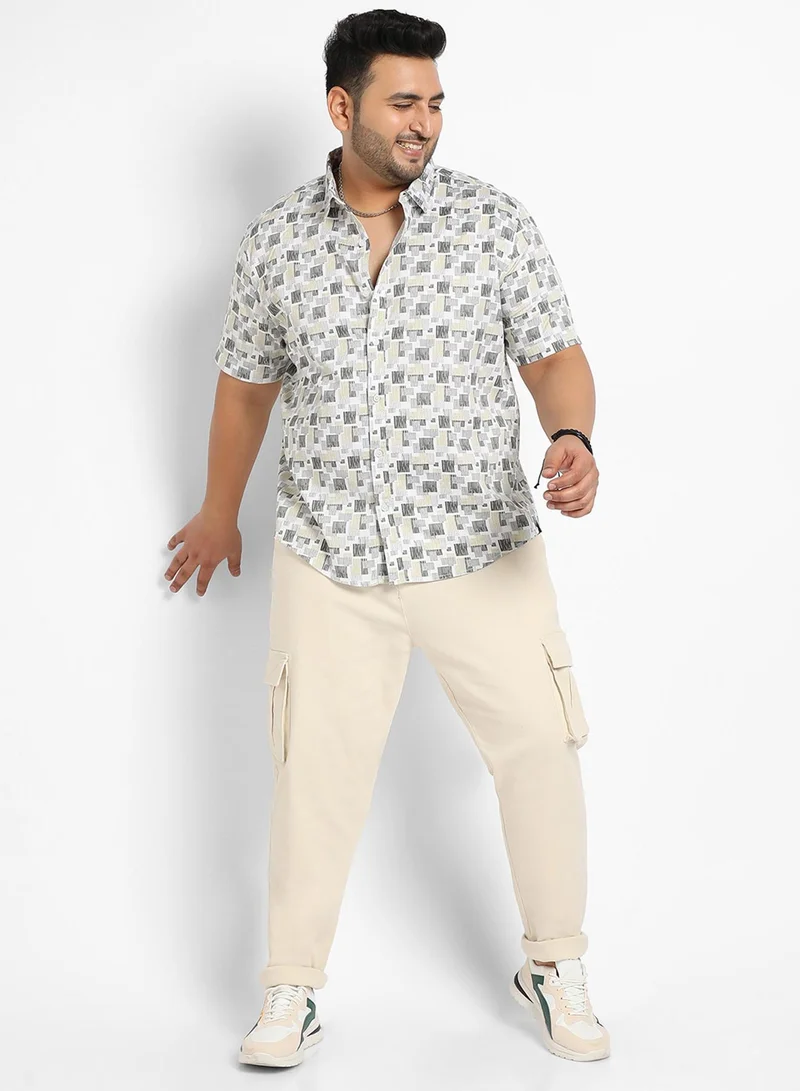 Instafab Plus Instafab Plus Men's Beige & Grey Abstract Geometric Shirt For Casual Wear | Spread Collar | Short Sleeve | Button Closure | Cotton Shirt Crafted With Comfort Fit For Everyday Wear