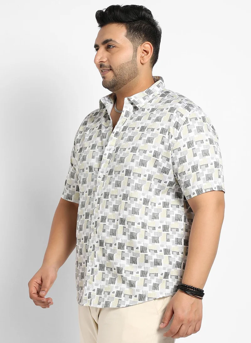 Instafab Plus Instafab Plus Men's Beige & Grey Abstract Geometric Shirt For Casual Wear | Spread Collar | Short Sleeve | Button Closure | Cotton Shirt Crafted With Comfort Fit For Everyday Wear