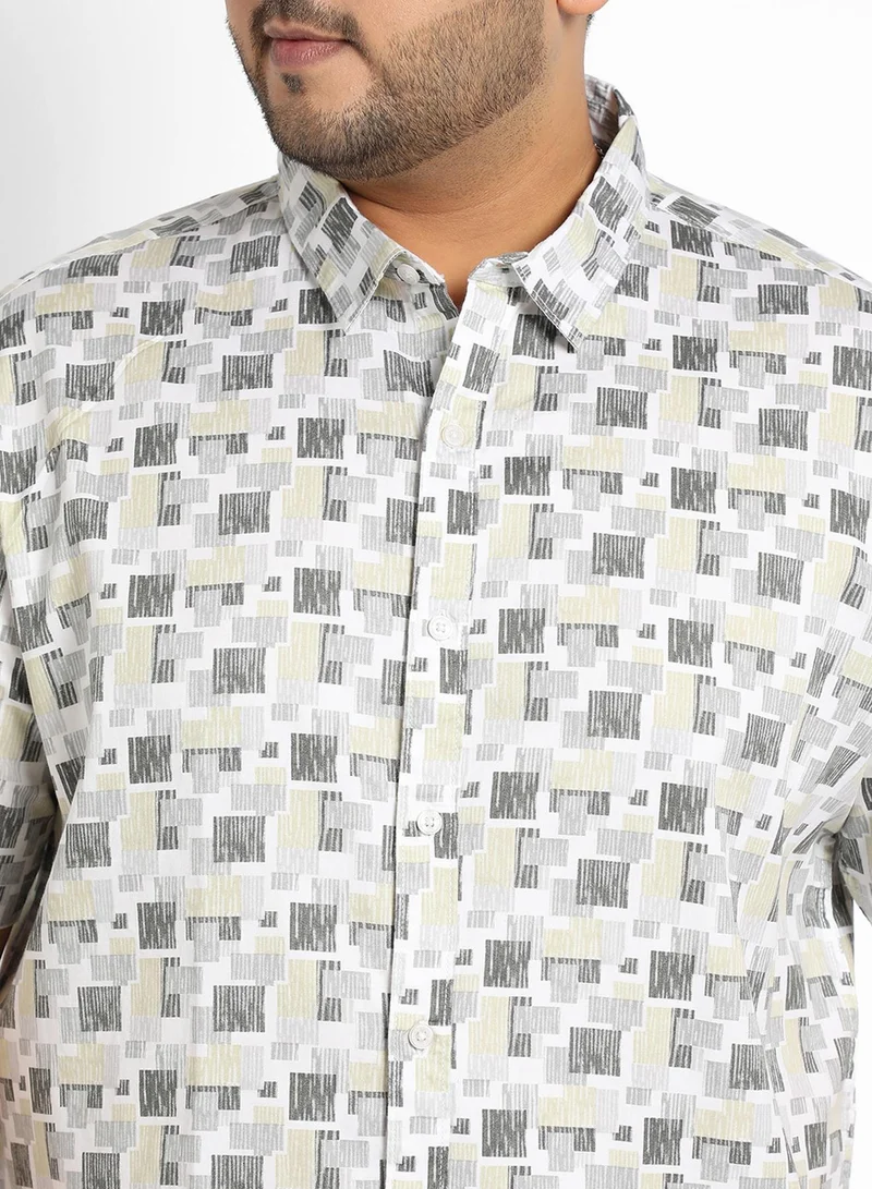 Instafab Plus Instafab Plus Men's Beige & Grey Abstract Geometric Shirt For Casual Wear | Spread Collar | Short Sleeve | Button Closure | Cotton Shirt Crafted With Comfort Fit For Everyday Wear