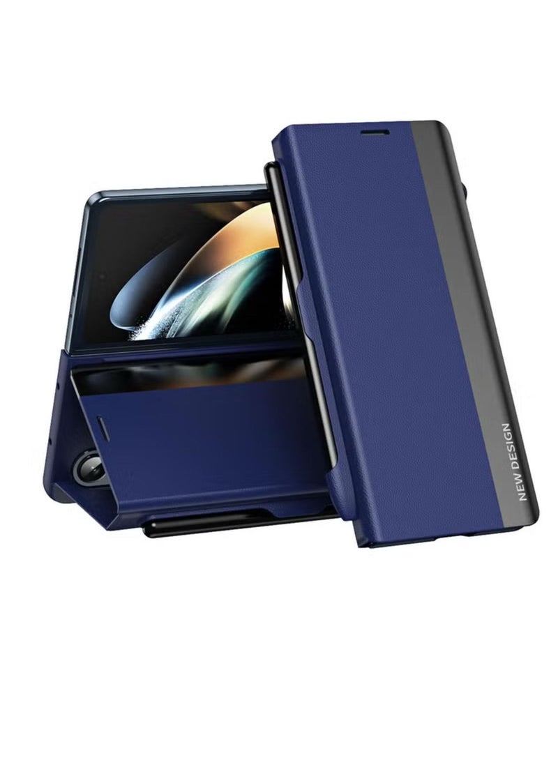 جراب لهاتف Samsung Galaxy Z Fold 6 بتصميم حامل وحامل قلم وقلم (ليس قلمًا أصليًا)، جراب قلاب لحماية الجسم بالكامل من جلد البولي يوريثان، جراب واقٍ مغناطيسي من الجلد الأصلي مضاد للسقوط (أزرق) - Image 1