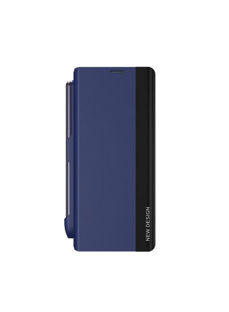 جراب لهاتف Samsung Galaxy Z Fold 6 بتصميم حامل وحامل قلم وقلم (ليس قلمًا أصليًا)، جراب قلاب لحماية الجسم بالكامل من جلد البولي يوريثان، جراب واقٍ مغناطيسي من الجلد الأصلي مضاد للسقوط (أزرق) - Image 2