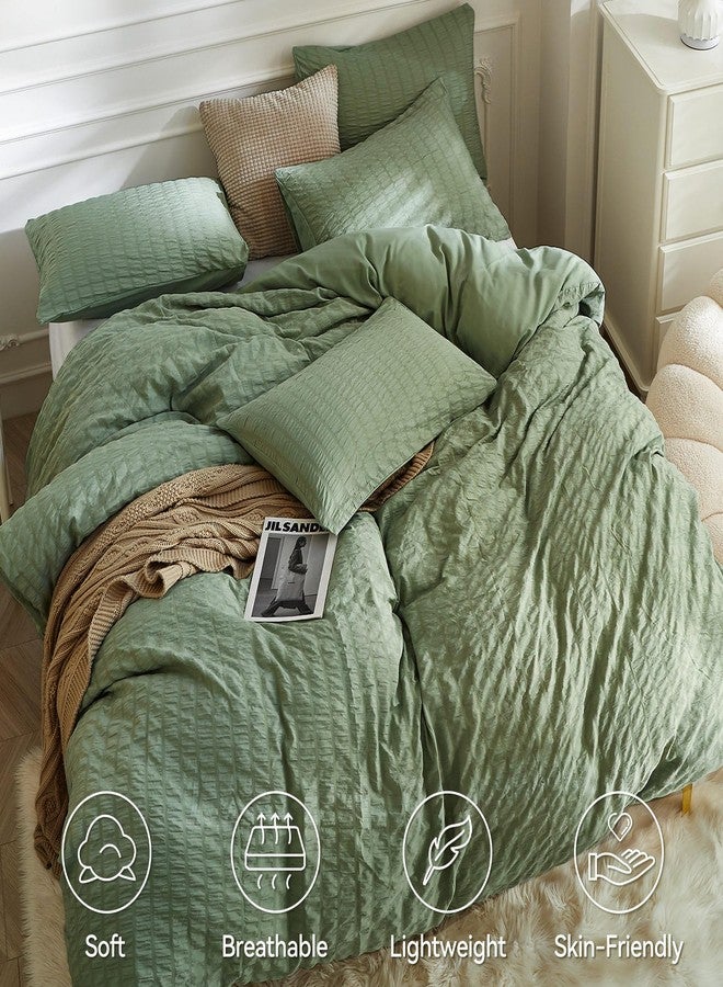 JELLYMONI Dark Green Duvet Cover Queen Size, 3pcs Washed Microfiber Bedding Set, Soft Breathable Seersucker Duvet Cover Set with Zipper Closure and Corner Ties for All Seasons - Image 2