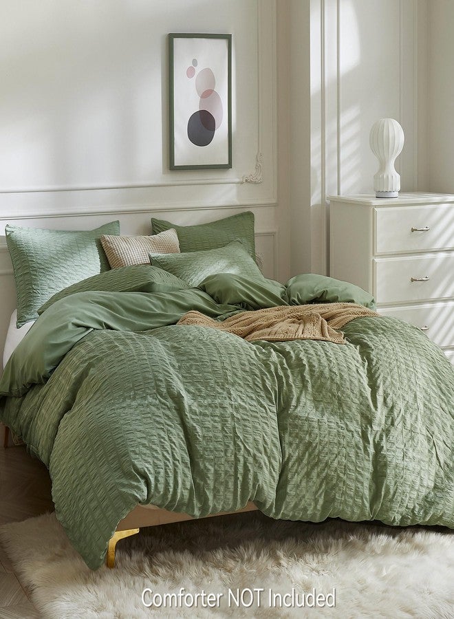JELLYMONI Dark Green Duvet Cover Queen Size, 3pcs Washed Microfiber Bedding Set, Soft Breathable Seersucker Duvet Cover Set with Zipper Closure and Corner Ties for All Seasons - Image 3