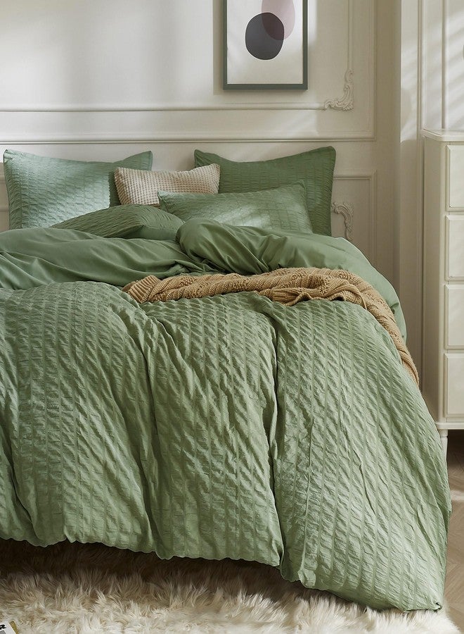JELLYMONI Dark Green Duvet Cover Queen Size, 3pcs Washed Microfiber Bedding Set, Soft Breathable Seersucker Duvet Cover Set with Zipper Closure and Corner Ties for All Seasons - Image 1