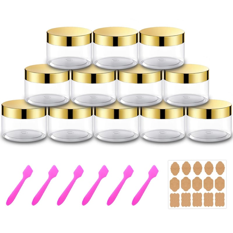 AMORIX 12 Pack 4 oz Plastic Cosmetic Containers With Gold Lids Refillable Clear Empty Travle Jars Containers for Body Butter,Sugar Scrubs,Cream,Lotions,Candy, Label&Spatulas - Image 1