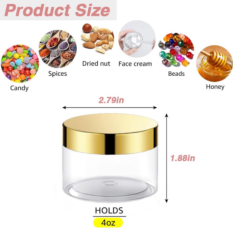 AMORIX 12 Pack 4 oz Plastic Cosmetic Containers With Gold Lids Refillable Clear Empty Travle Jars Containers for Body Butter,Sugar Scrubs,Cream,Lotions,Candy, Label&Spatulas - Image 2