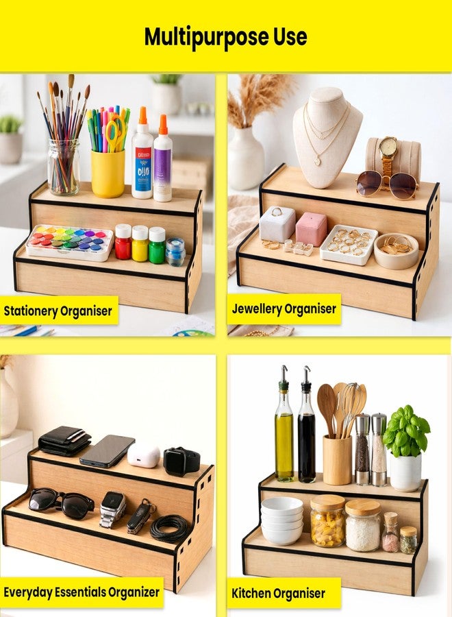 SOLOBOLO 2 Tier Wooden Organizer Stand for Kitchen, Desk, Cosmetics & Stationery, Multipurpose Tabletop Shelf Rack, MDF Counter Display Riser for Makeup, Spices, Art Supplies & Home Storage (11 Inch) - Image 4