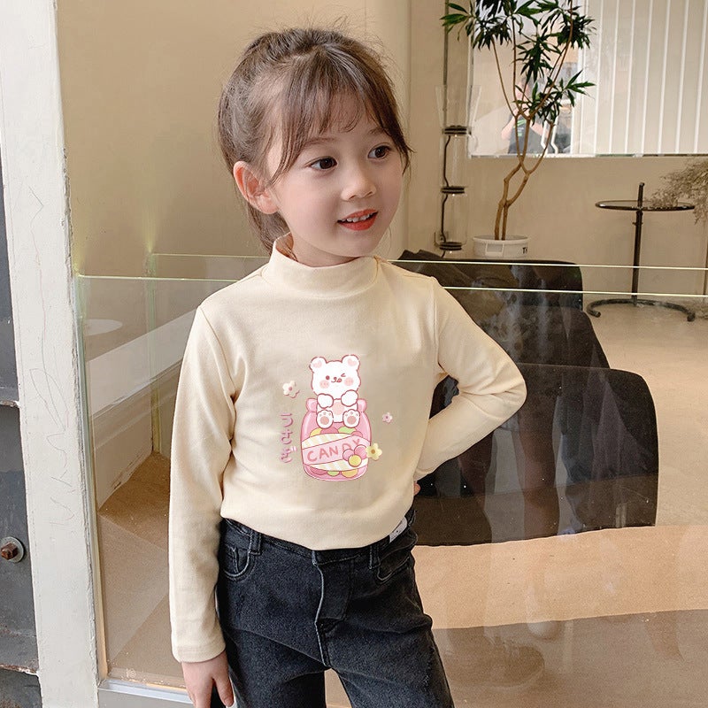 Children'S Semi-High Collar Base Shirt Fleece-Lined Warm Long-Sleeved T-Shirt Men'S And Women'S Big Children'S Fleece Autumn Clothes Inner Top - Image 1