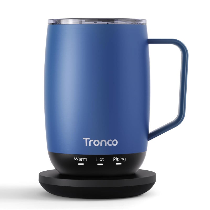 Tronco Temperature Control Heated Coffee Mug 14 oz  Rechargeable SelfHeating Coffee Mug with Lid  Manual Control 3 Modes 130 Min Battery Life Auto ShutOff Blue