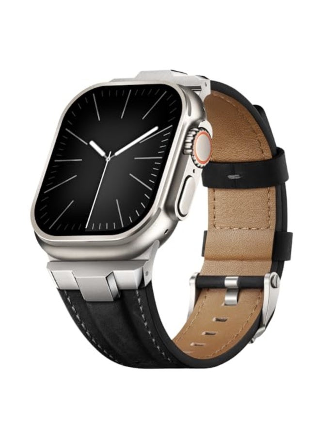 Leather Bands Compatible for Apple Watch Ultra Band 49mm 46mm 45mm 44mm 42mm, Genuine Leather Rugged Durable Matel Connector Replacement Strap for Women Men iWatch Ultra 10 9 8 7 6 5 4 3 SE - Image 1