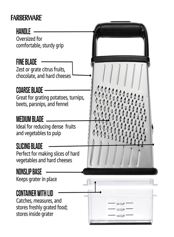 Farberware Professional 4-Sided Slim Stainless Steel Heavy Duty Kitchen Box Grater with Detachable Clear Storage Container, Perfect for Parmesan Cheese, Vegetables, Ginger, with Lemon Zester - Image 3