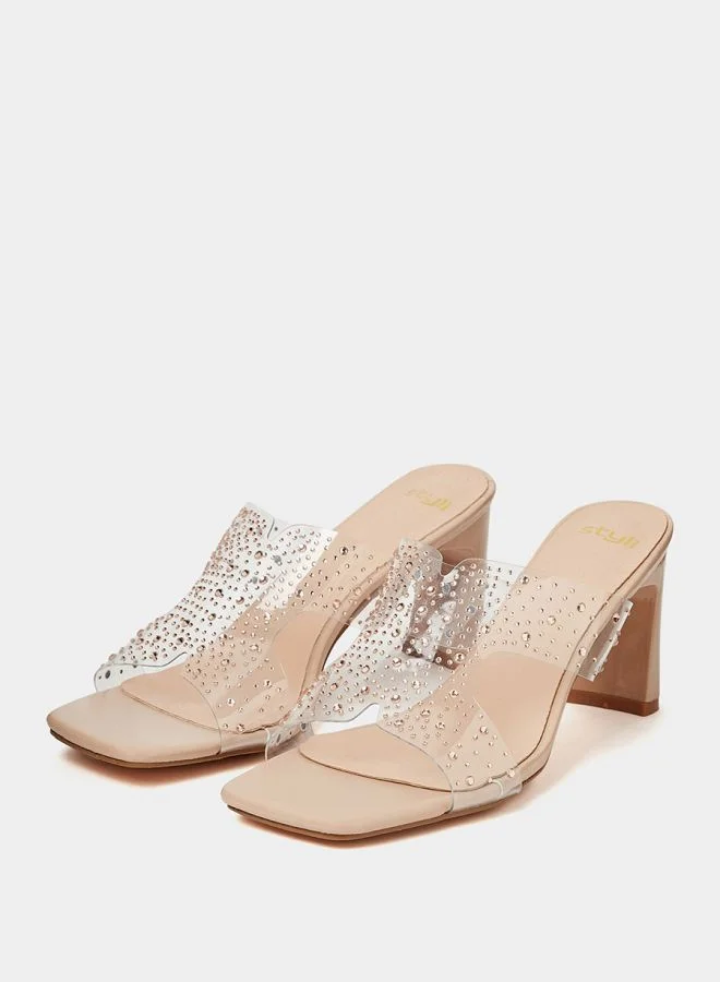 Styli Studded Clear Strap Heeled Sandals