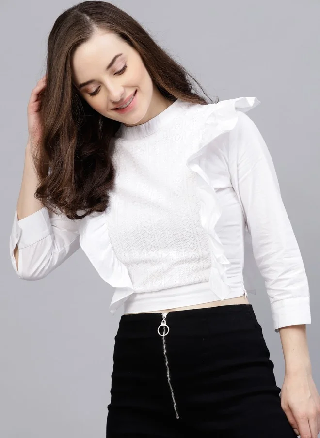 STREET 9 White Ruffled Crop Top for Women