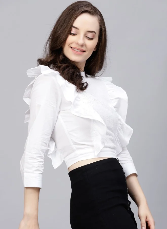 STREET 9 White Ruffled Crop Top for Women