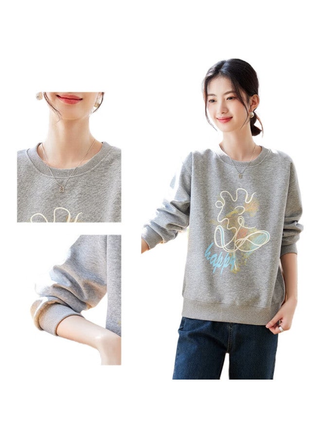 Pincai Women'S Sweatshirt, Round Neck, Floral Print, Letter Pattern, Contrasting Colors, Korean Style, Versatile Casual Top, P141W1737 - Image 2
