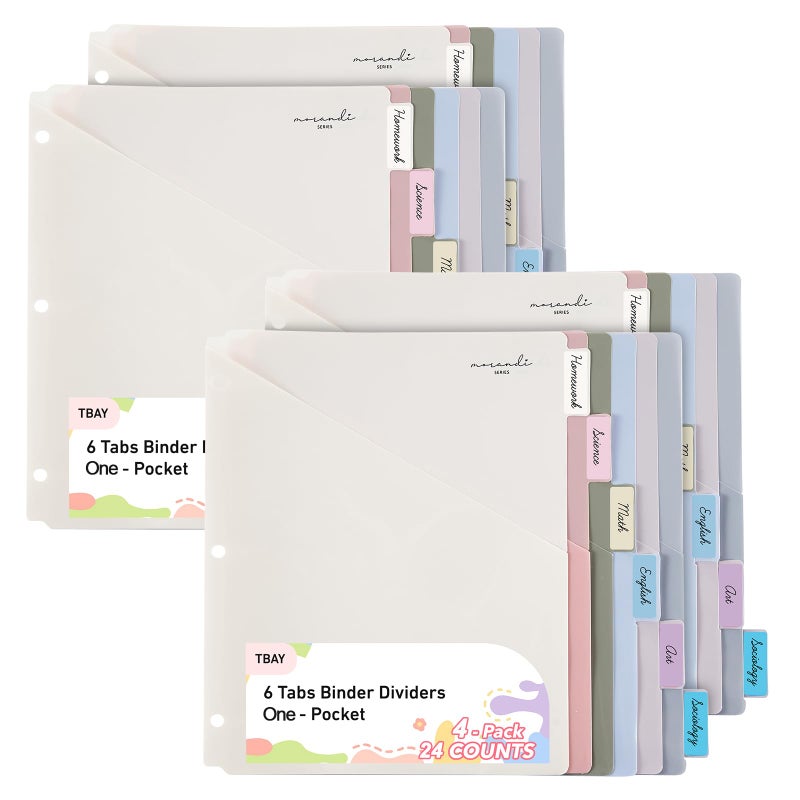 Tbay 6-Tab Dividers for 3 Ring Binder, 24 Counts Binder Dividers Index with One Pocket, Letter Size 8.5 x 11'', Morandi Colors (4) - Image 1
