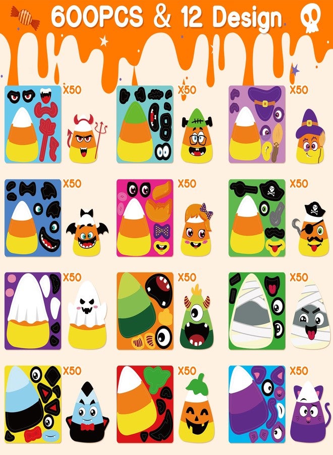 Haooryx 600pcs Halloween Candy Corn Make A Face Scene Sticker Rolls, Make Your Own Candy Corn Sticker Mix and Match Spooky Halloween Tri-Colored Candys Stickers DIY Decals School Reward for Kids - Image 2