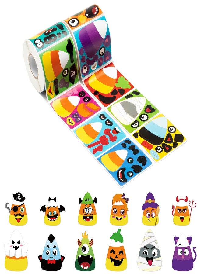 Haooryx 600pcs Halloween Candy Corn Make A Face Scene Sticker Rolls, Make Your Own Candy Corn Sticker Mix and Match Spooky Halloween Tri-Colored Candys Stickers DIY Decals School Reward for Kids - Image 1