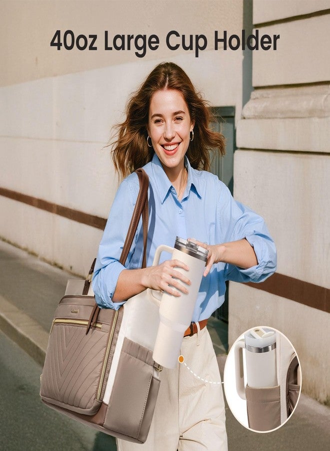 لوف فوك حقيبة LOVEVOOK للكمبيوتر المحمول للنساء، حقيبة عمل للمعلمات مع حامل أكواب كبير، حقيبة حفاضات مبطنة للممرضات للسفر، حقائب يد نسائية للكمبيوتر الجامعي كهدية للمعلمات، لون كاكي-بيج-قهوة، مقاس 15.6 بوصة - Image 2